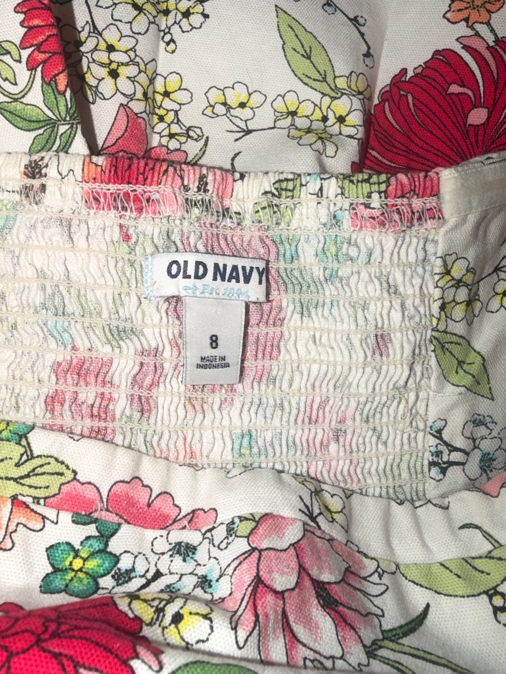 Old Navy Cream Floral Smocked Dress with Pink and Red Blooms